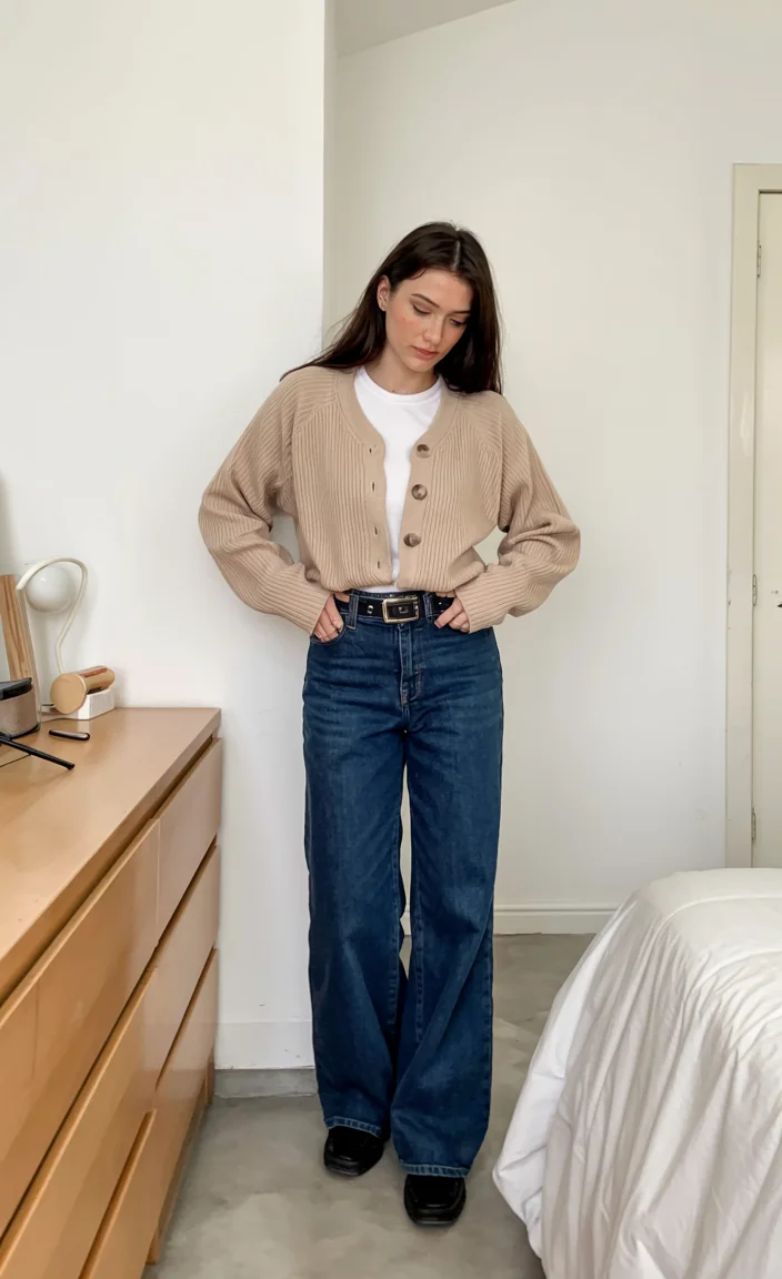 fall outfits with jeans 2026 Effortless Neutrals With A Classic Cardigan And Wide-Leg Jeans