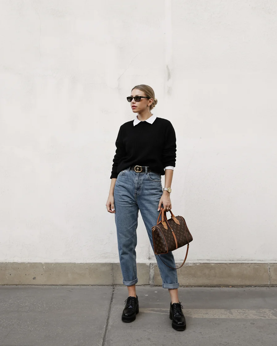 fall outfits with jeans 2026 Preppy Black Sweater and Rolled Denim