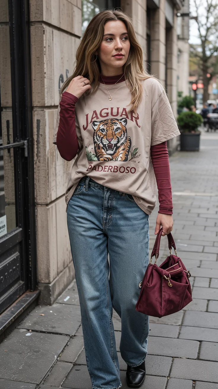 fall outfits with jeans 2026 Graphic Tee Layers With A Touch Of Burgundy