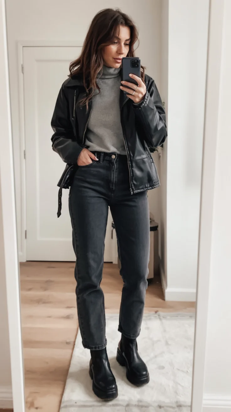 fall outfits with jeans 2026 Leather Jacket and Dark Denim Confidence