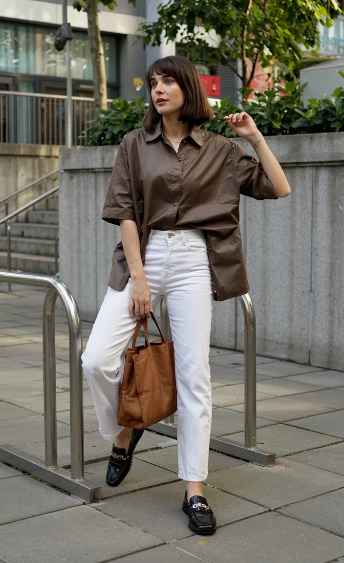 fall outfits with jeans 2026 Rich Brown Shirt and Crisp White Denim