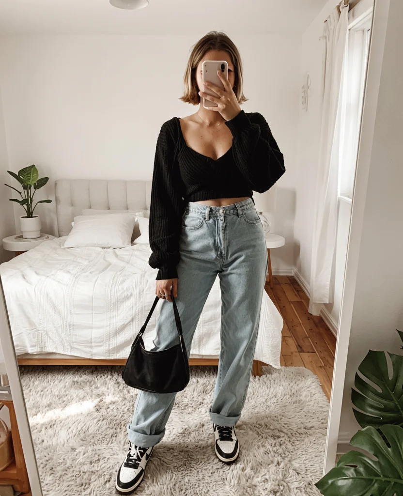 fall outfits with jeans 2026 Black Knit and Retro Sneaker Energy