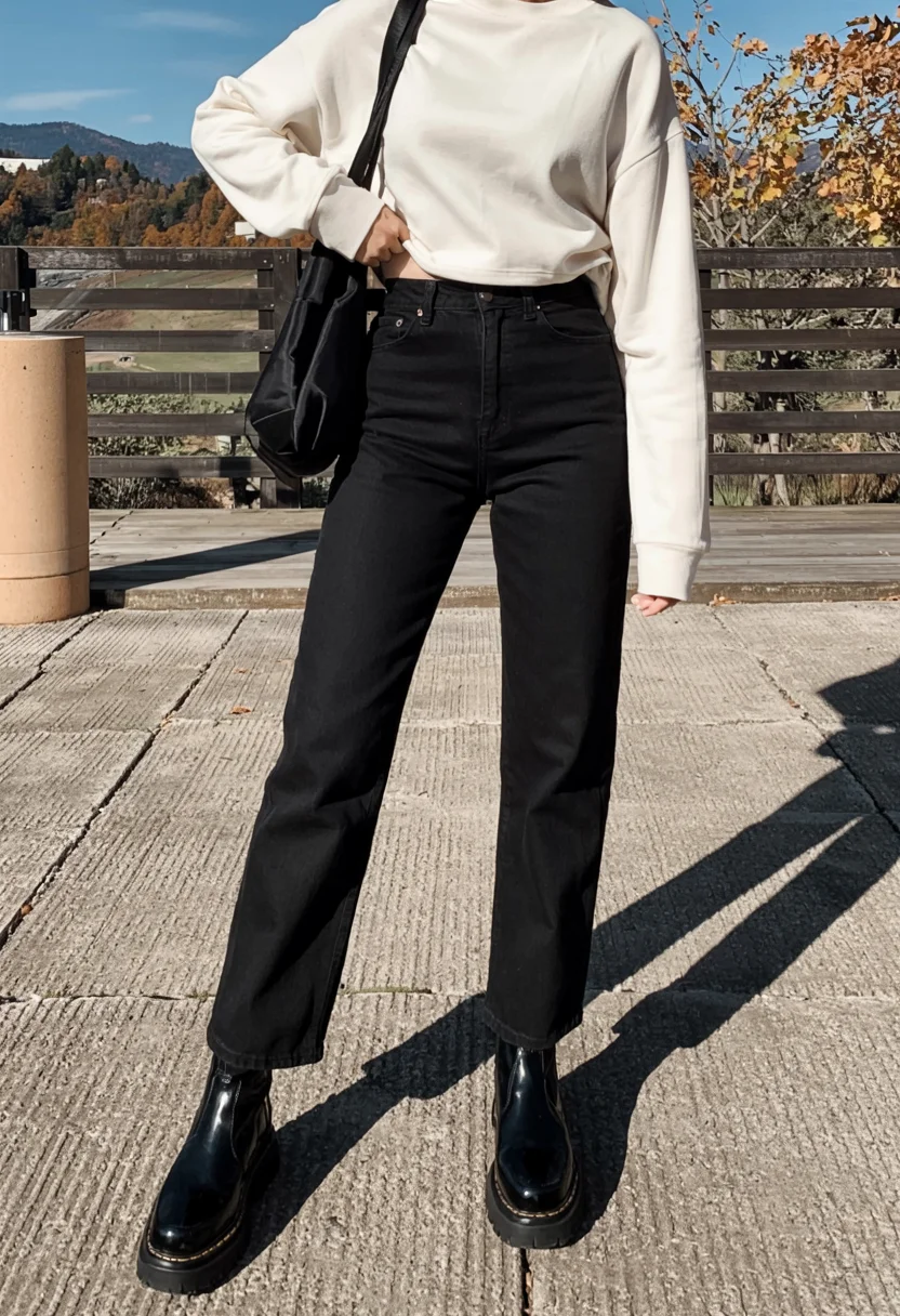 fall outfits with jeans 2026 Minimal Black Denim and Chunky Boots