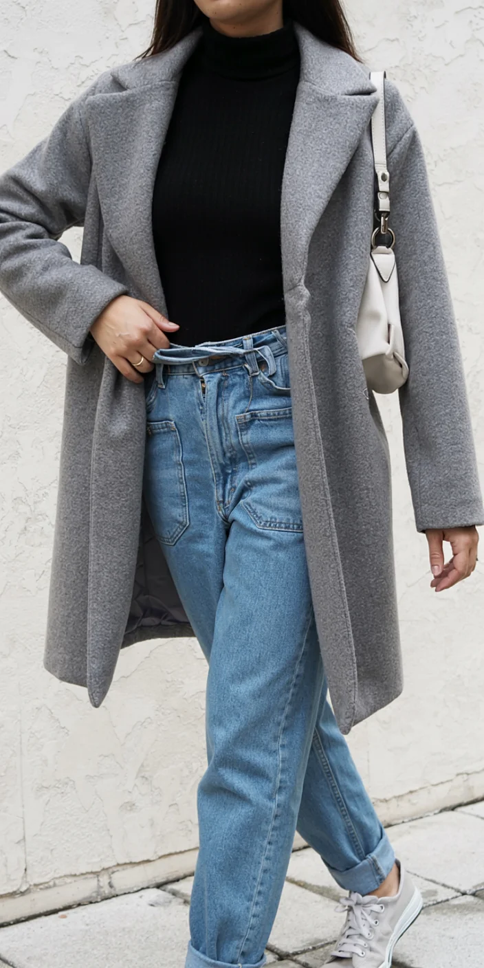 fall outfits with jeans 2026 Grey Coat and Clean City Denim