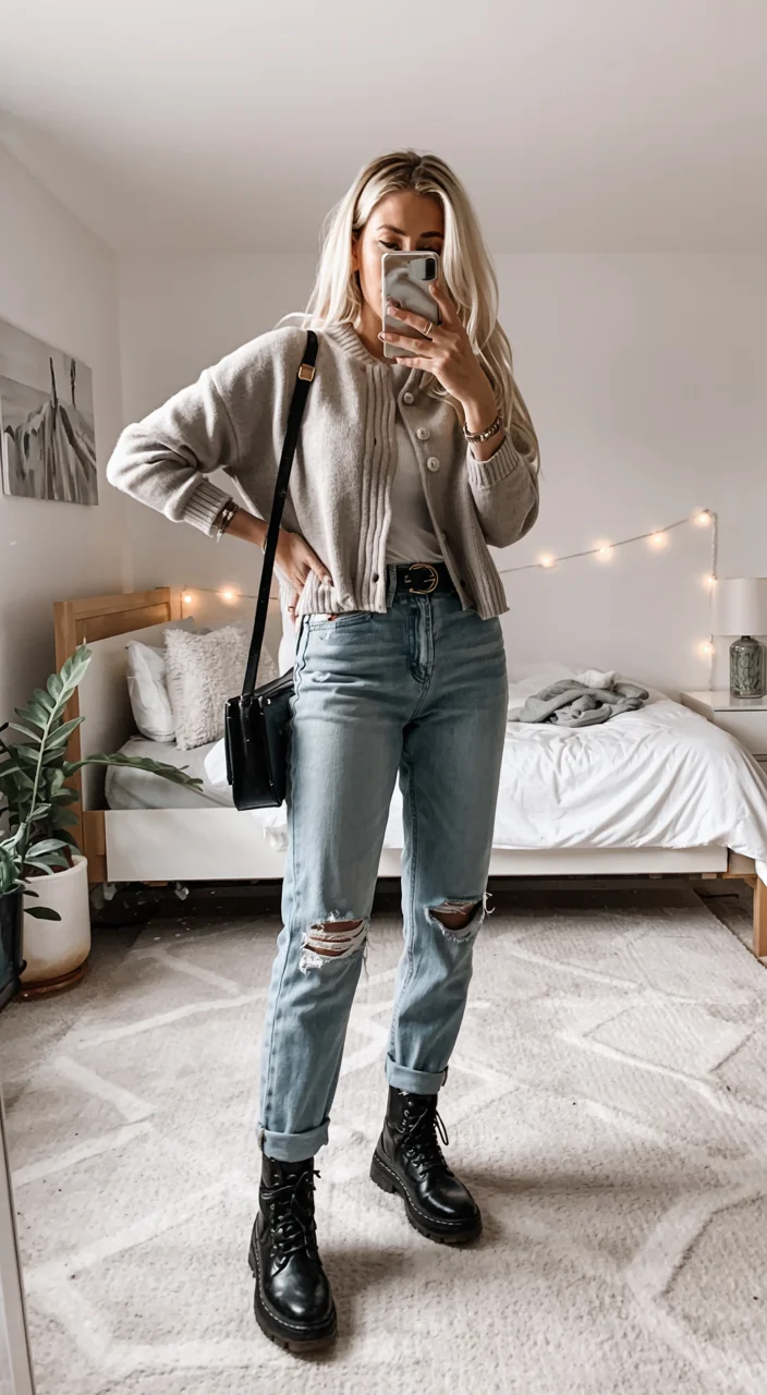 fall outfits with jeans 2026 Distressed Denim and Soft Knit Comfort