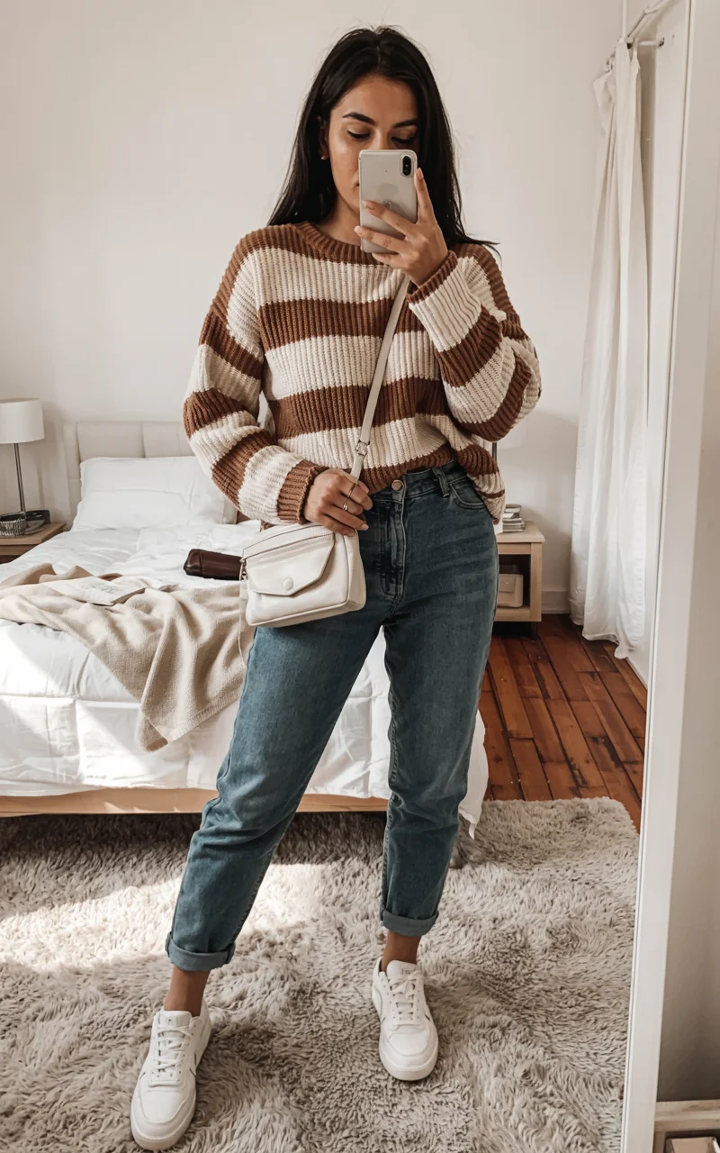 fall outfits with jeans 2026 Striped Knit and Everyday Sneaker Style