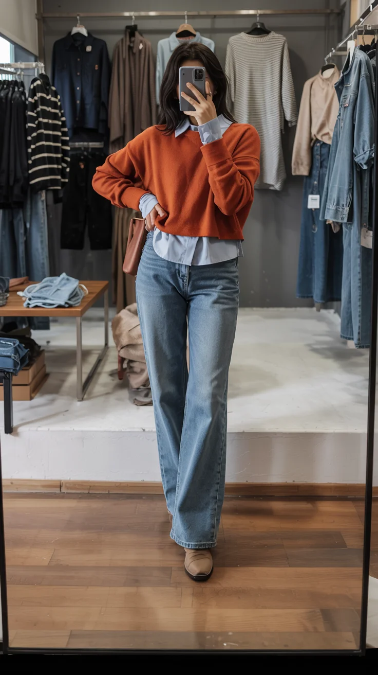 fall outfits with jeans 2026 Rust Sweater and Layered Collar Charm
