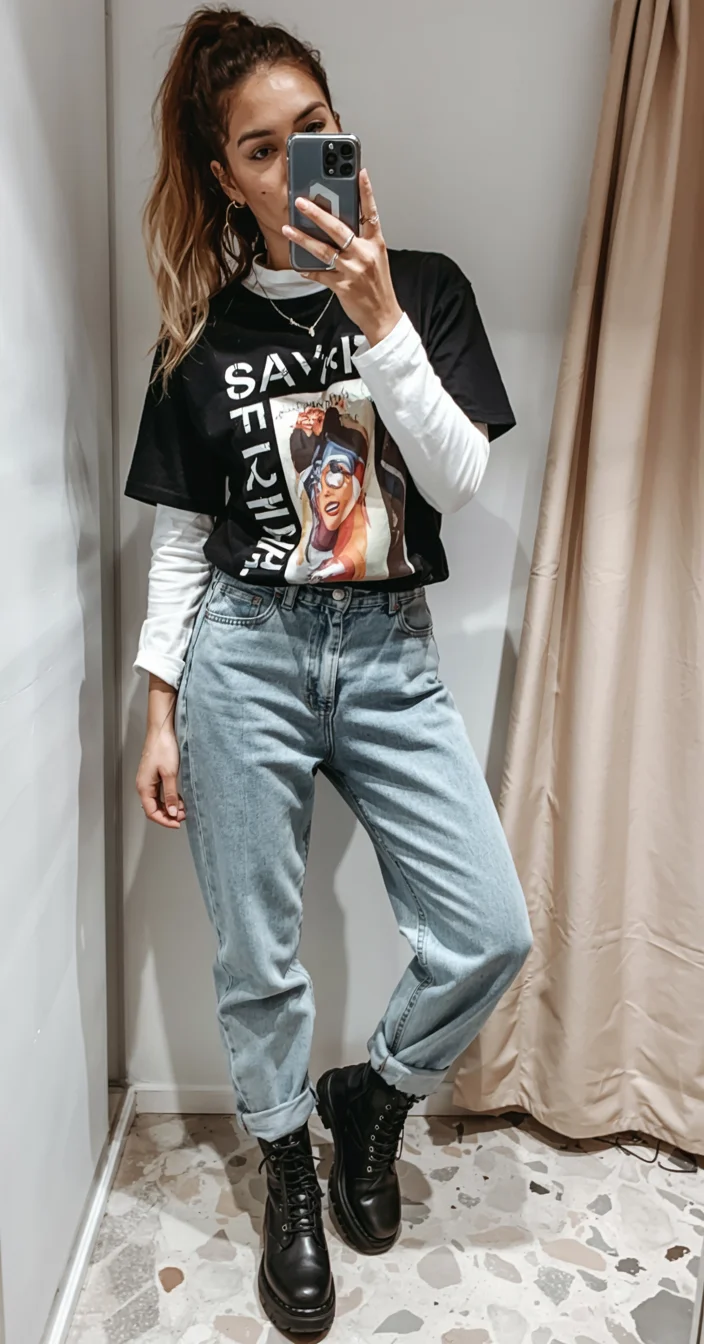 fall outfits with jeans 2026 Graphic Layers and Combat Boots