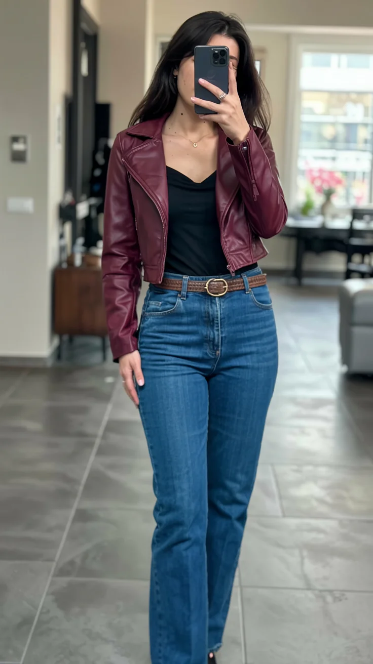 fall outfits with jeans 2026 Polished Edge With A Burgundy Leather Jacket
