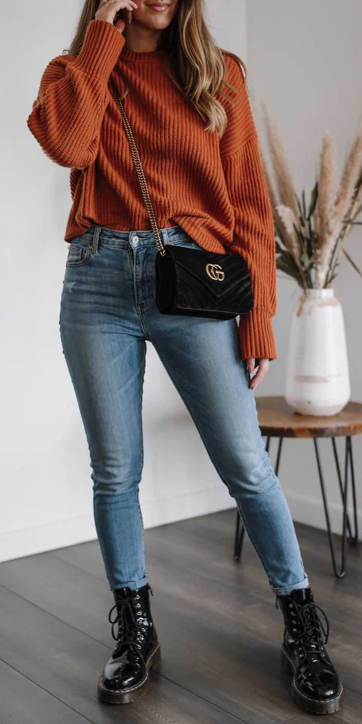 fall outfits with jeans 2026 Rust Knit and Sleek Boot Denim