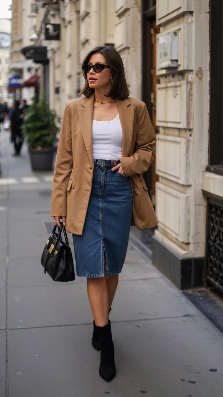 fall outfits with jeans 2026 City Chic With A Denim Midi Skirt And Tailored Blazer