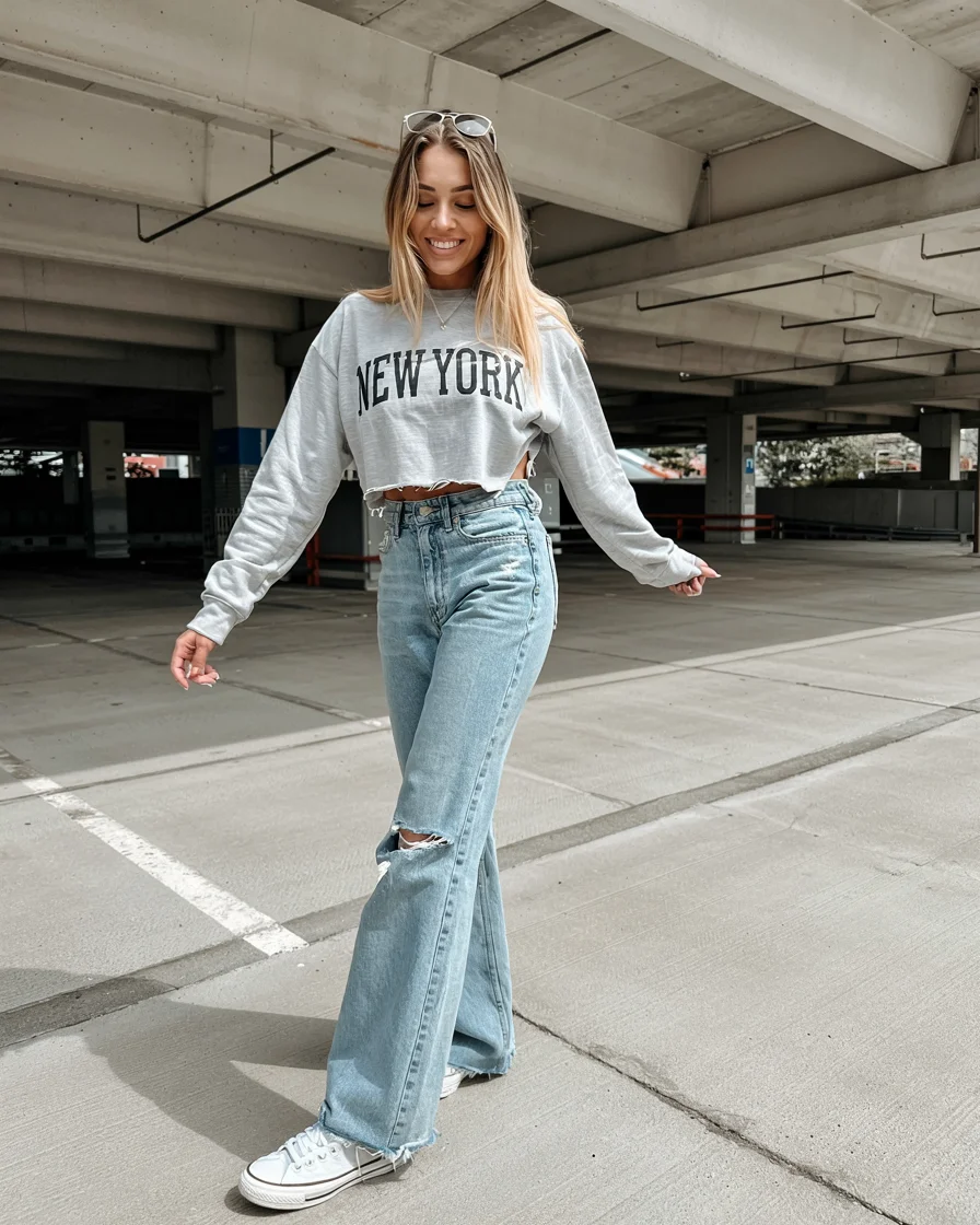 fall outfits with jeans 2026 Relaxed Sweatshirt and Wide Leg Street Style