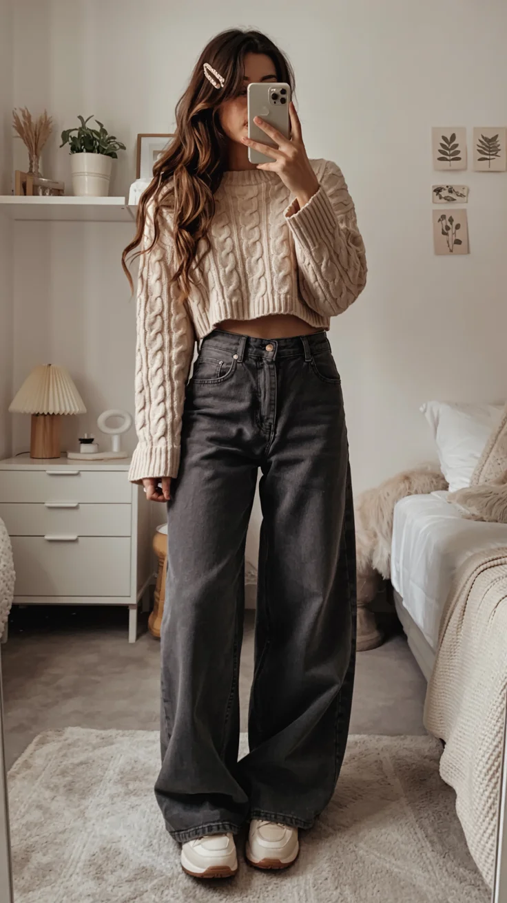 fall outfits with jeans 2026 Cable Knit Texture and Modern Black Denim