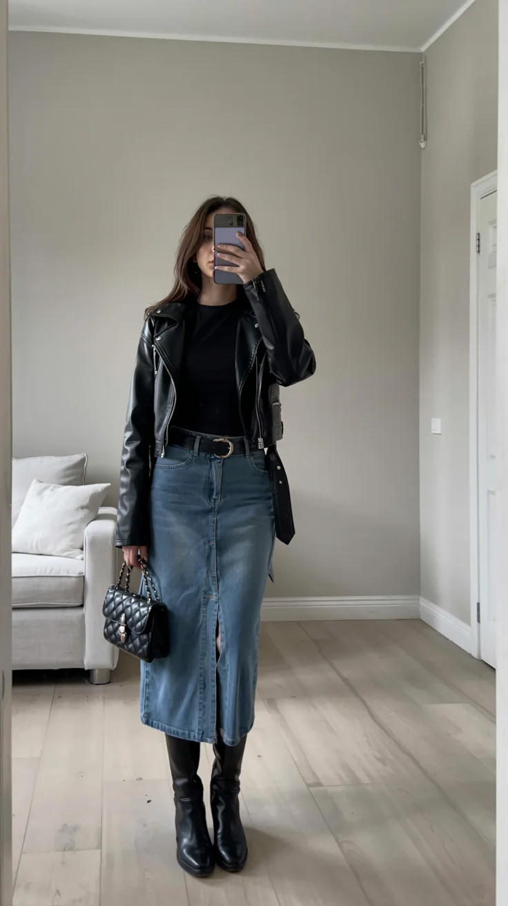 fall outfits with jeans 2026 Black Leather And Denim Skirt Elegance