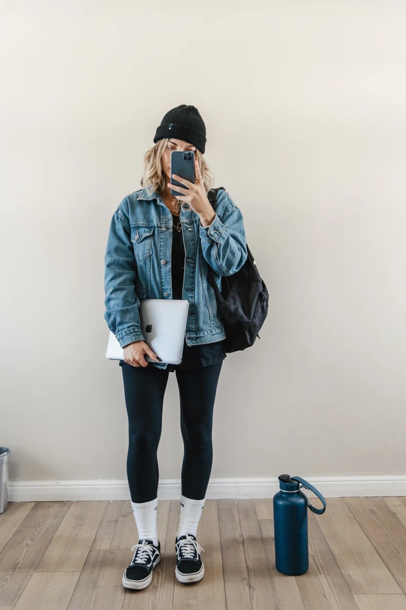 fall outfits with jeans jacket 2026 denim jacket and leggings outfit