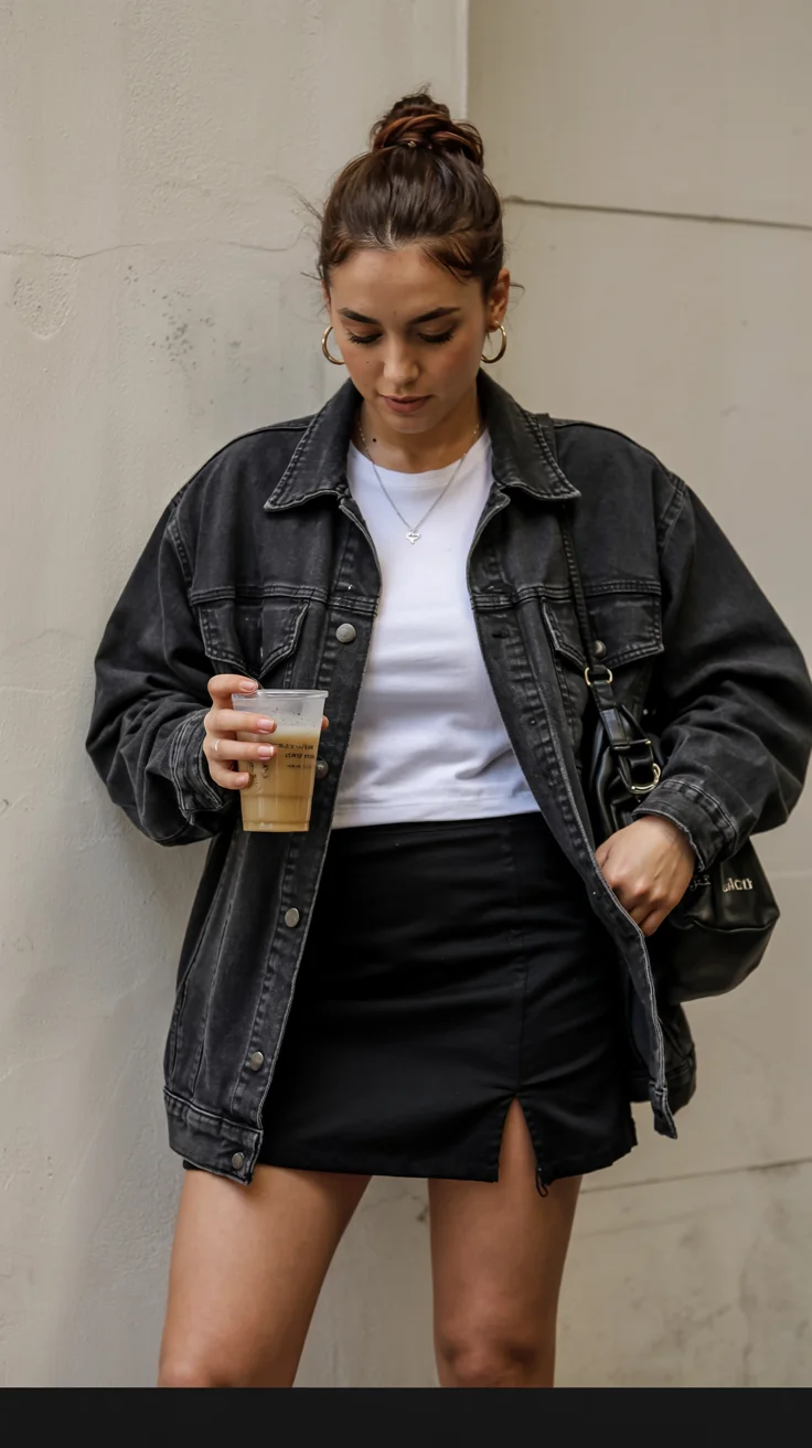 fall outfits with jeans jacket 2026 black denim jacket and black skirt