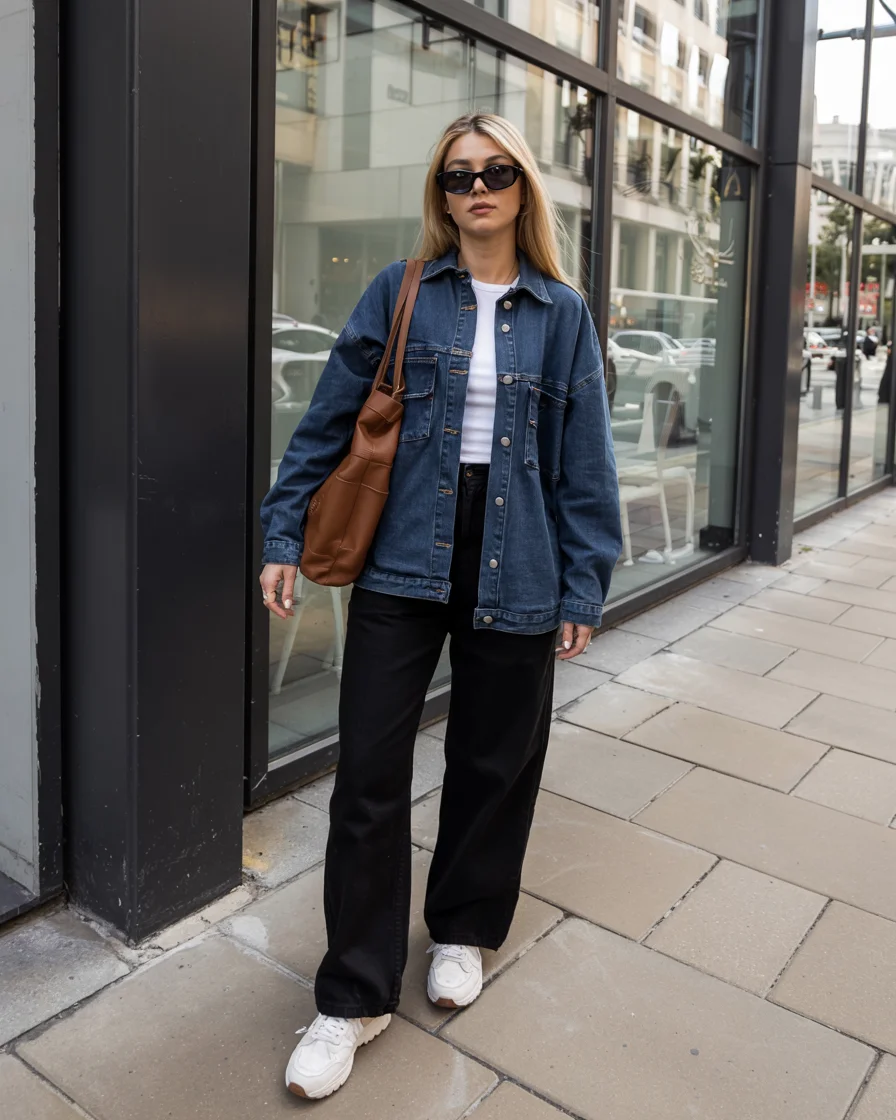 fall outfits with jeans jacket 2026 dark blue denim city style