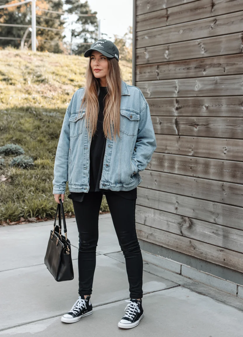 fall outfits with jeans jacket 2026 oversized denim and black skinny jeans