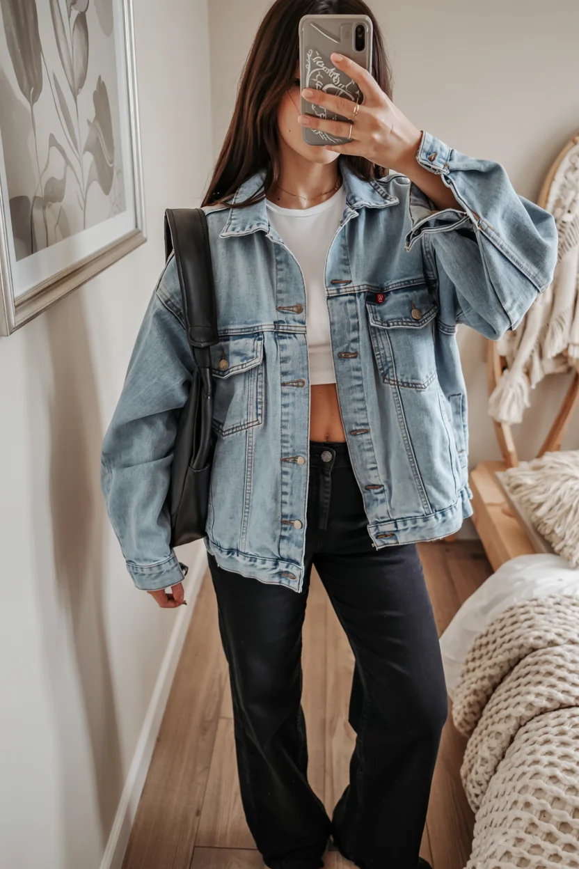 fall outfits with jeans jacket 2026 light denim and dark flared jeans