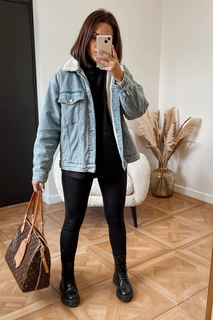 fall outfits with jeans jacket 2026 shearling denim jacket and leggings