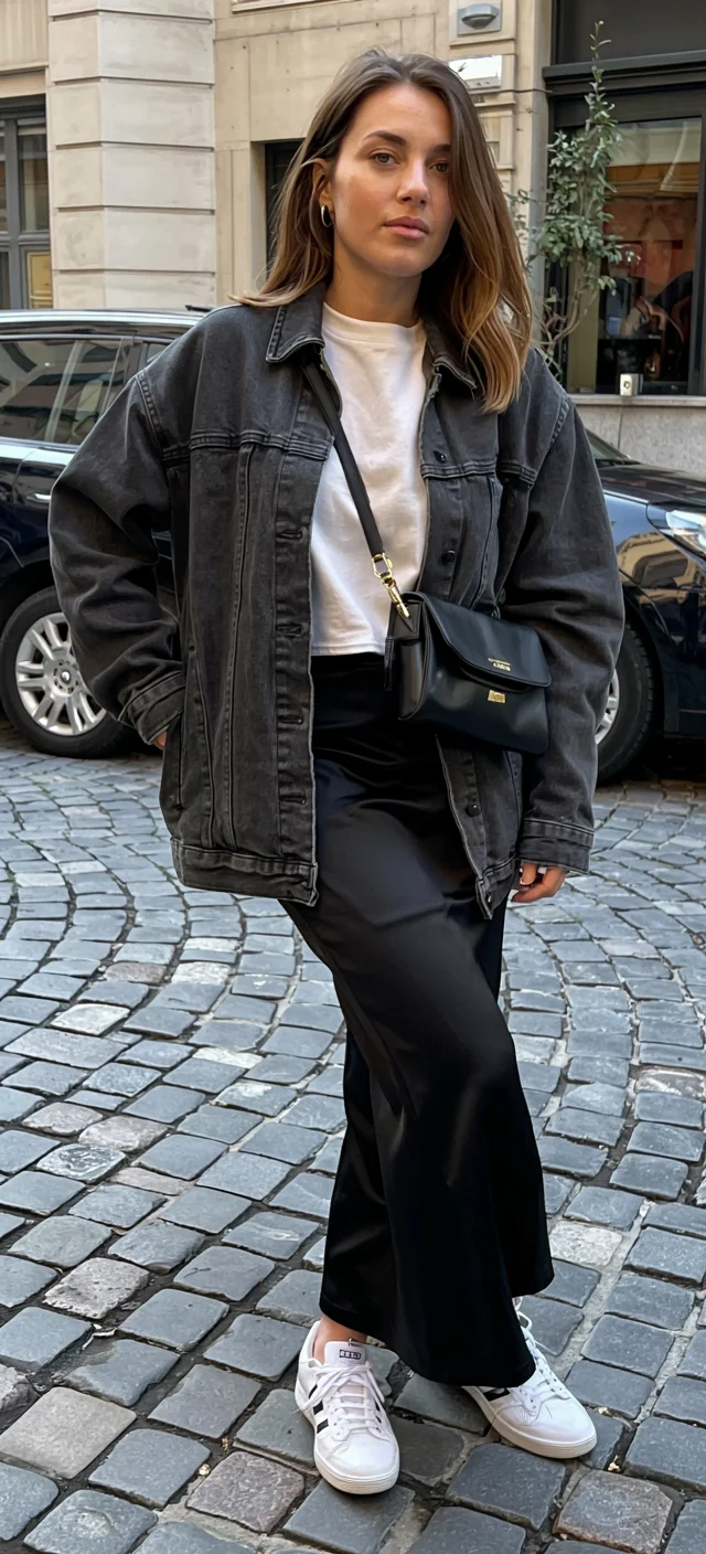 fall outfits with jeans jacket 2026 oversized denim and black skirt
