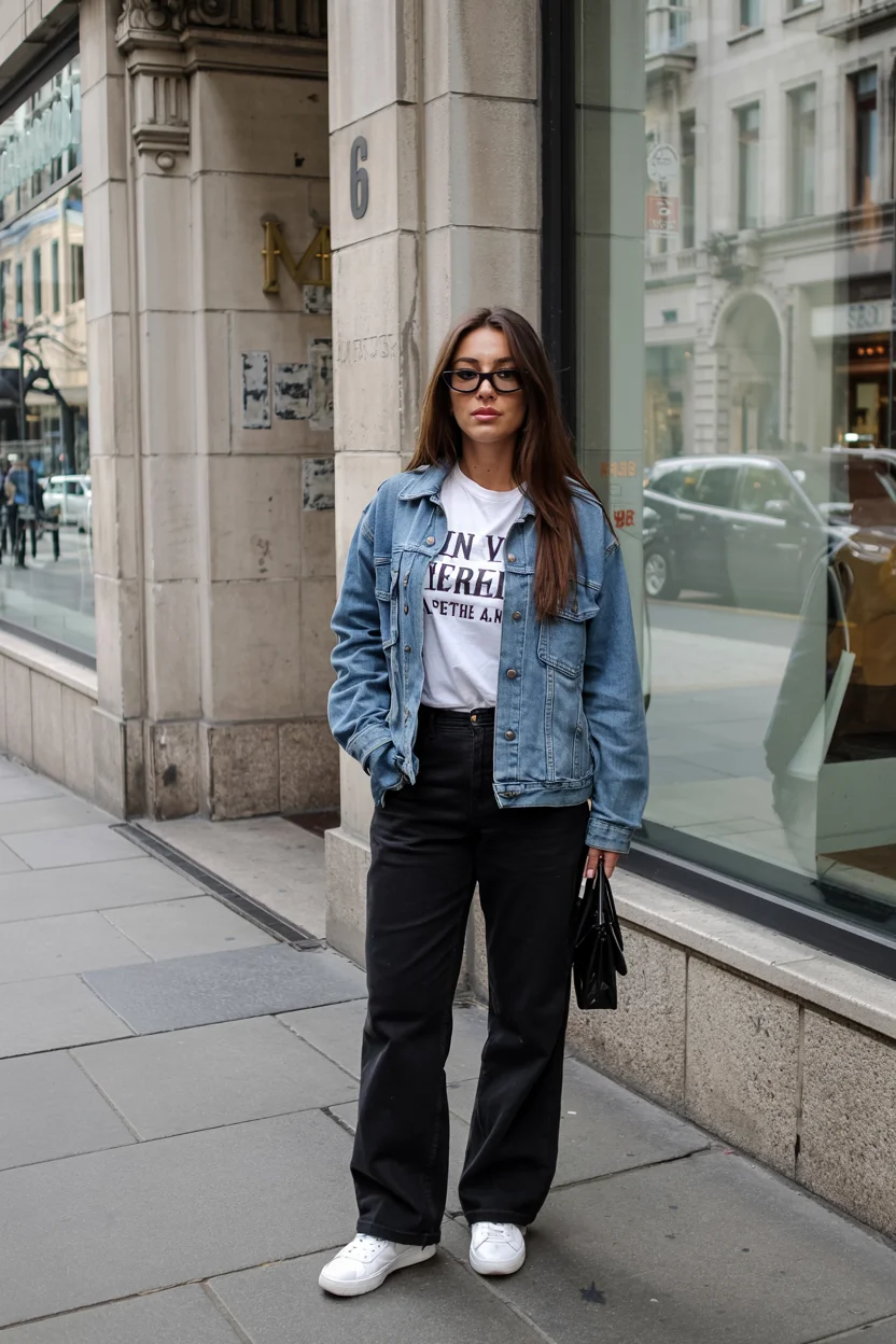 fall outfits with jeans jacket 2026 graphic tee and blue denim jacket