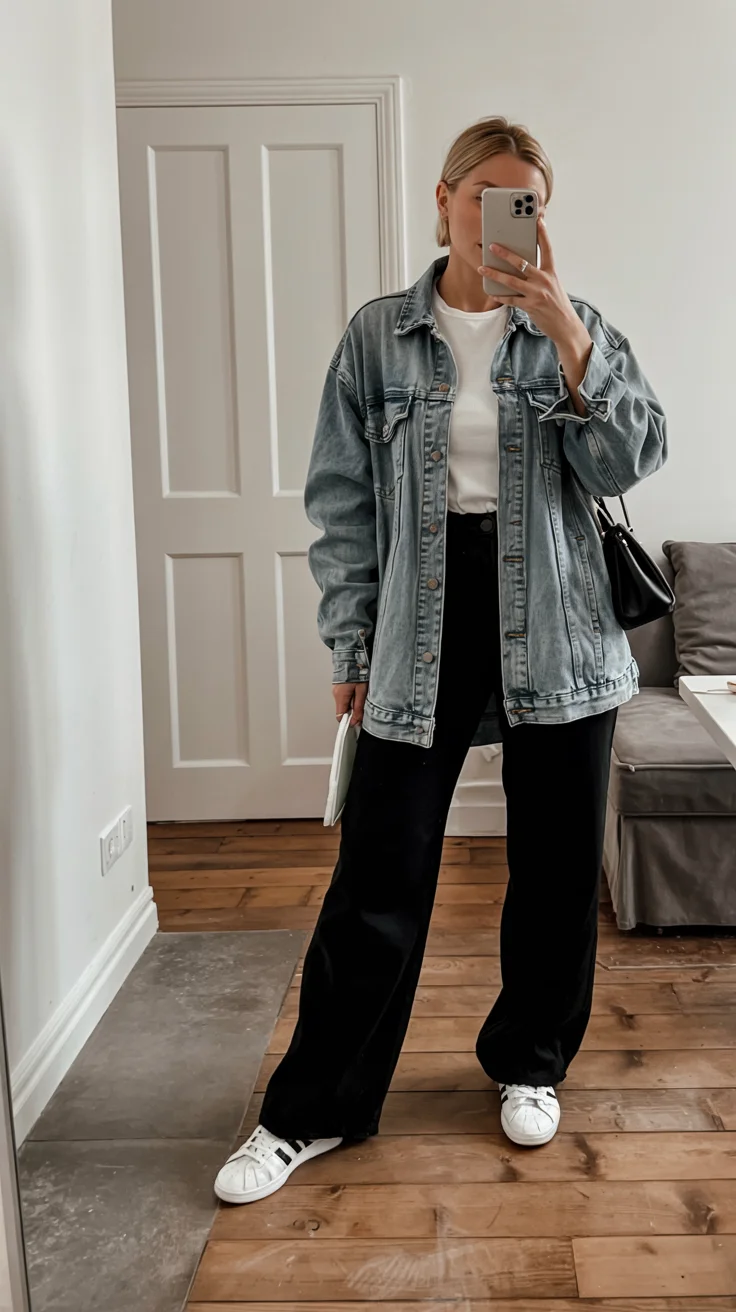 fall outfits with jeans jacket 2026 oversized denim and wide leg trousers