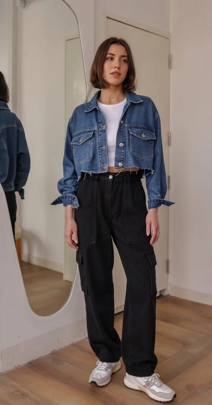 fall outfits with jeans jacket 2026 short cropped denim and black trousers