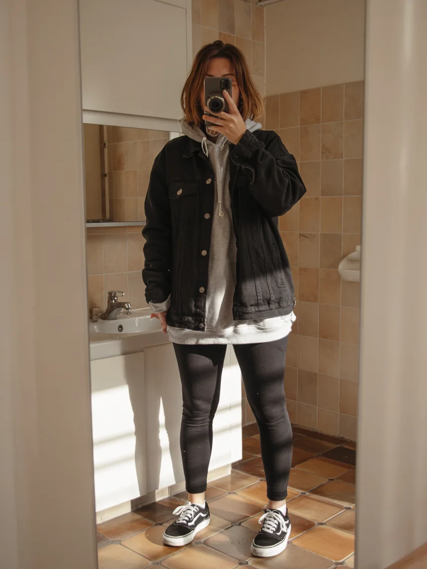fall outfits with jeans jacket 2026 black denim jacket with leggings