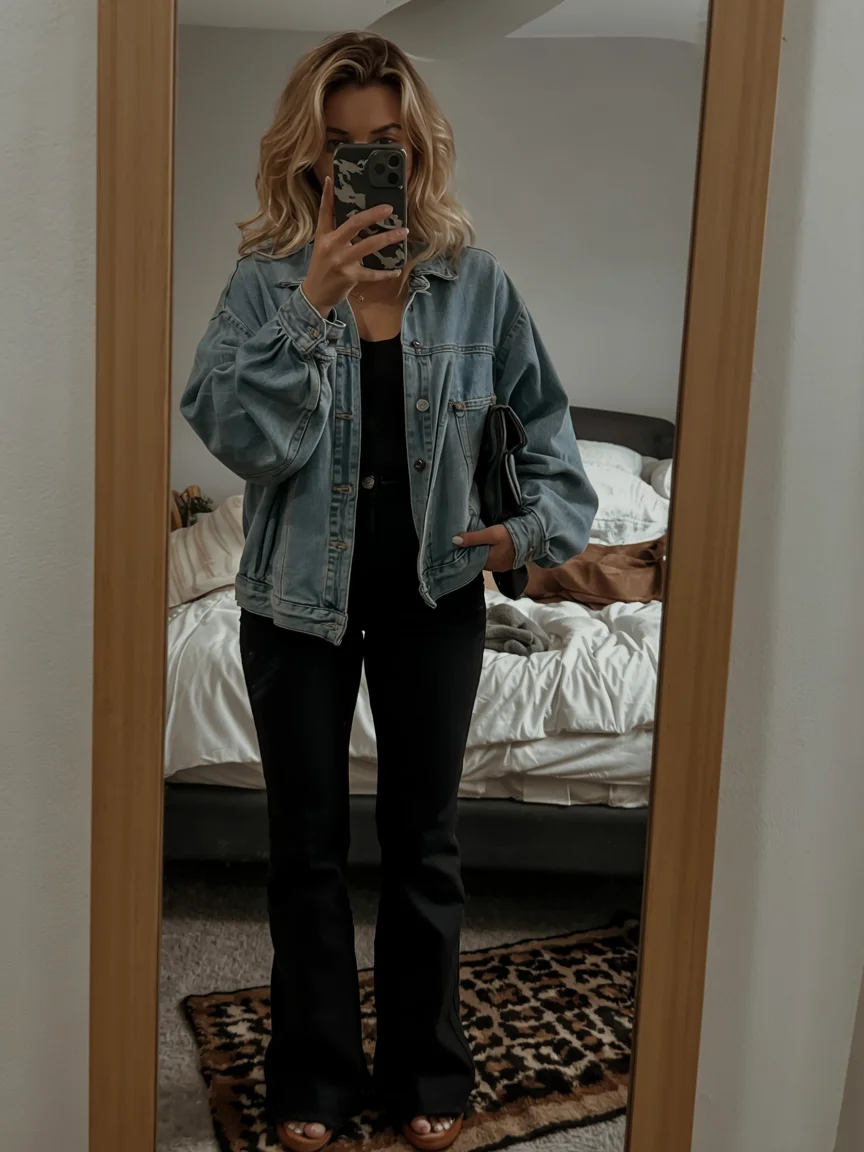 fall outfits with jeans jacket 2026 oversized denim and black flared jeans
