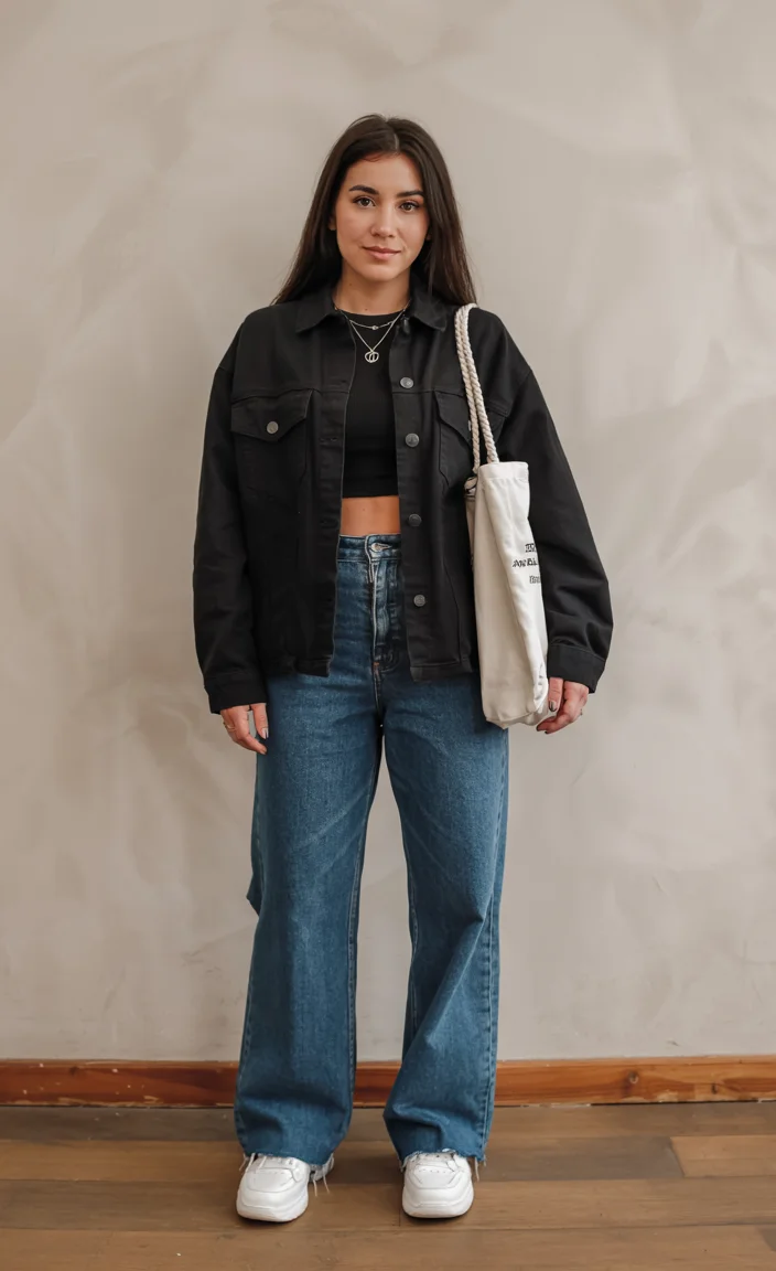 fall outfits with jeans jacket 2026 black denim jacket and wide leg jeans