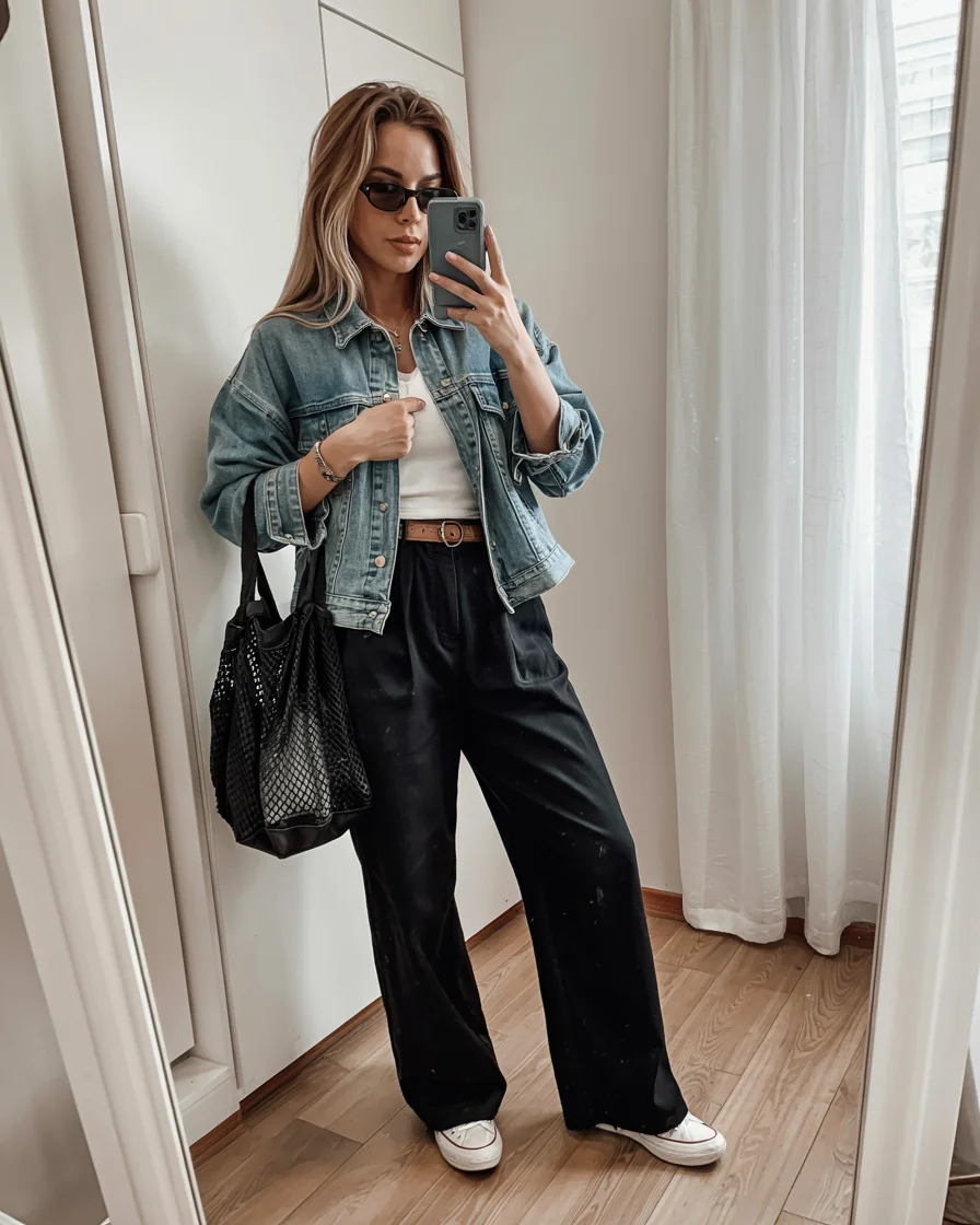 fall outfits with jeans jacket 2026 cropped denim and wide trousers