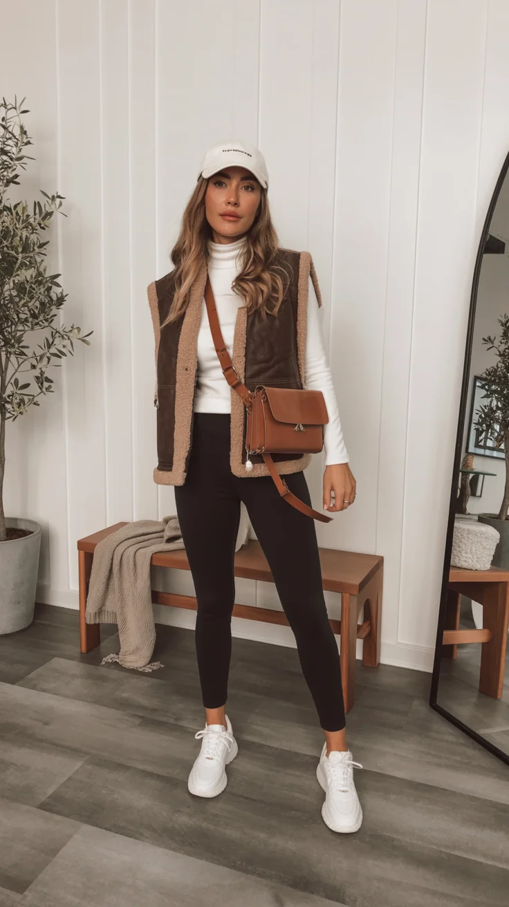 fall outfits with leggings 2026 Sporty Neutrals with a Shearling Vest