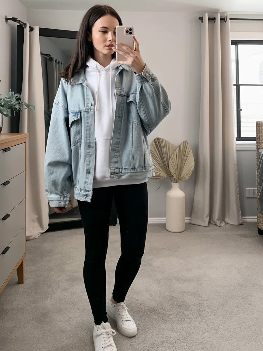 fall outfits with leggings 2026 White Hoodie and Denim Jacket Perfection