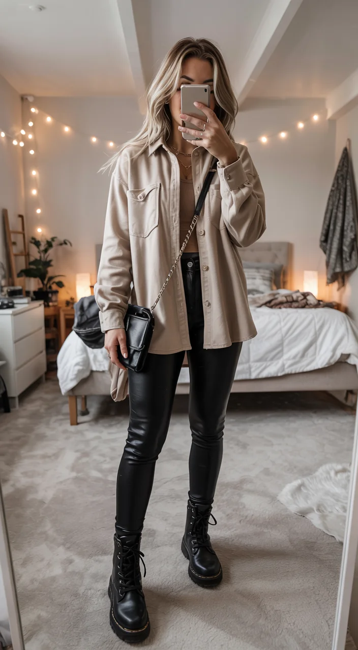fall outfits with leggings 2026 Leather Look Leggings and Combat Boots