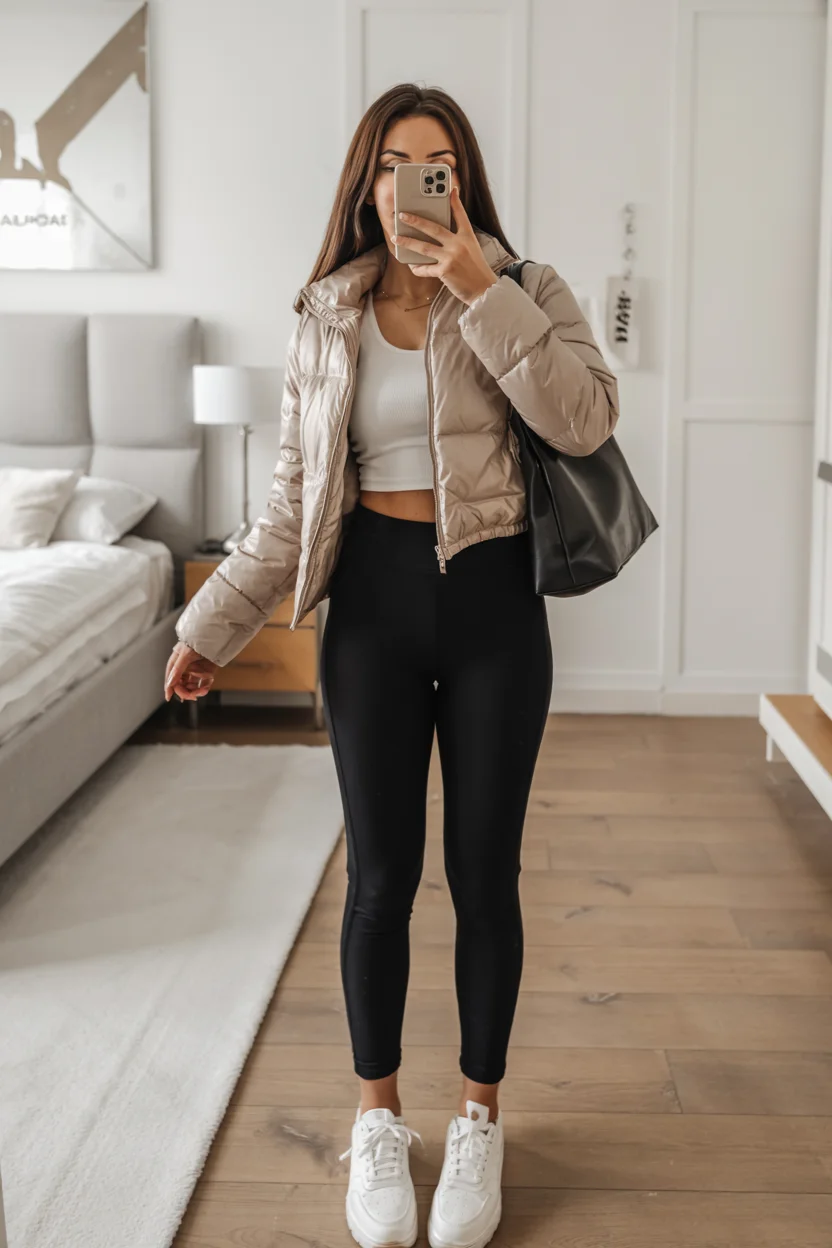 fall outfits with leggings 2026 Cropped Puffer and Clean Sneaker Simplicity