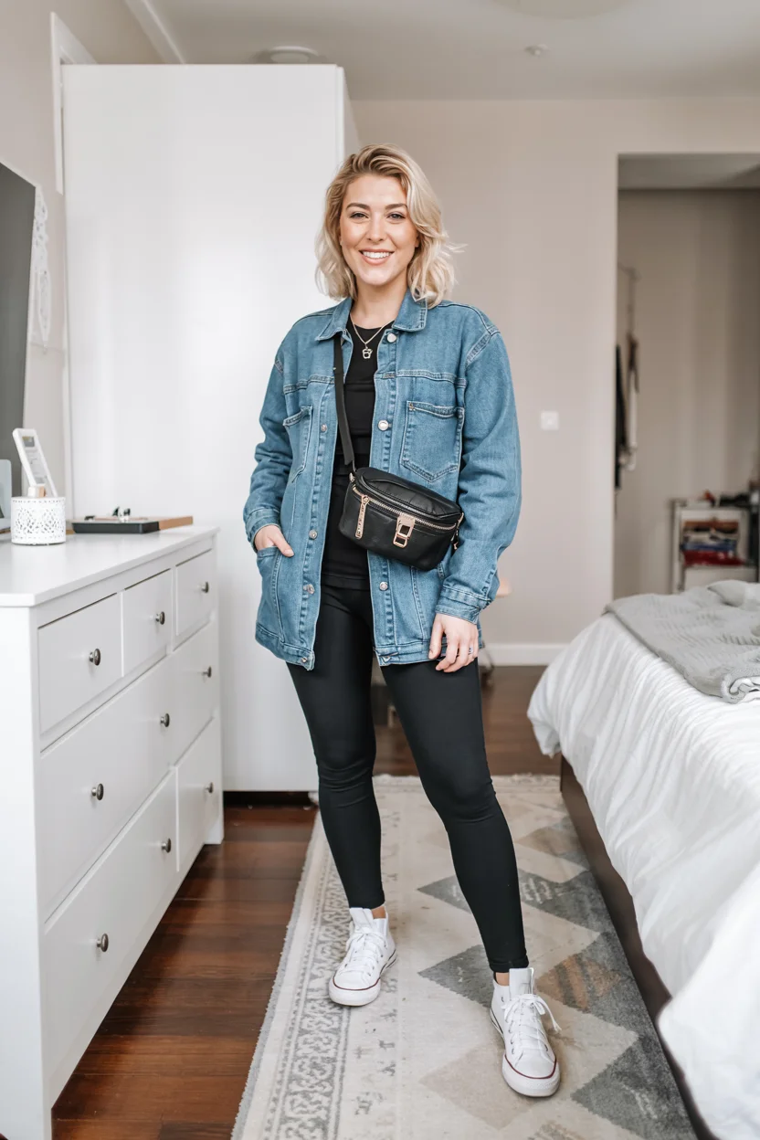 fall outfits with leggings 2026 Denim Jacket and Converse Weekend Classic