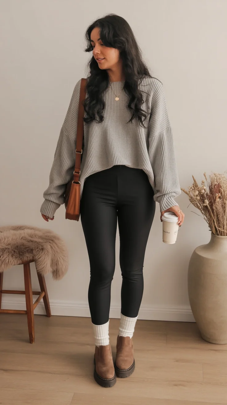 fall outfits with leggings and boots 2026 Warm Brown Booties For A Relaxed Autumn Weekend