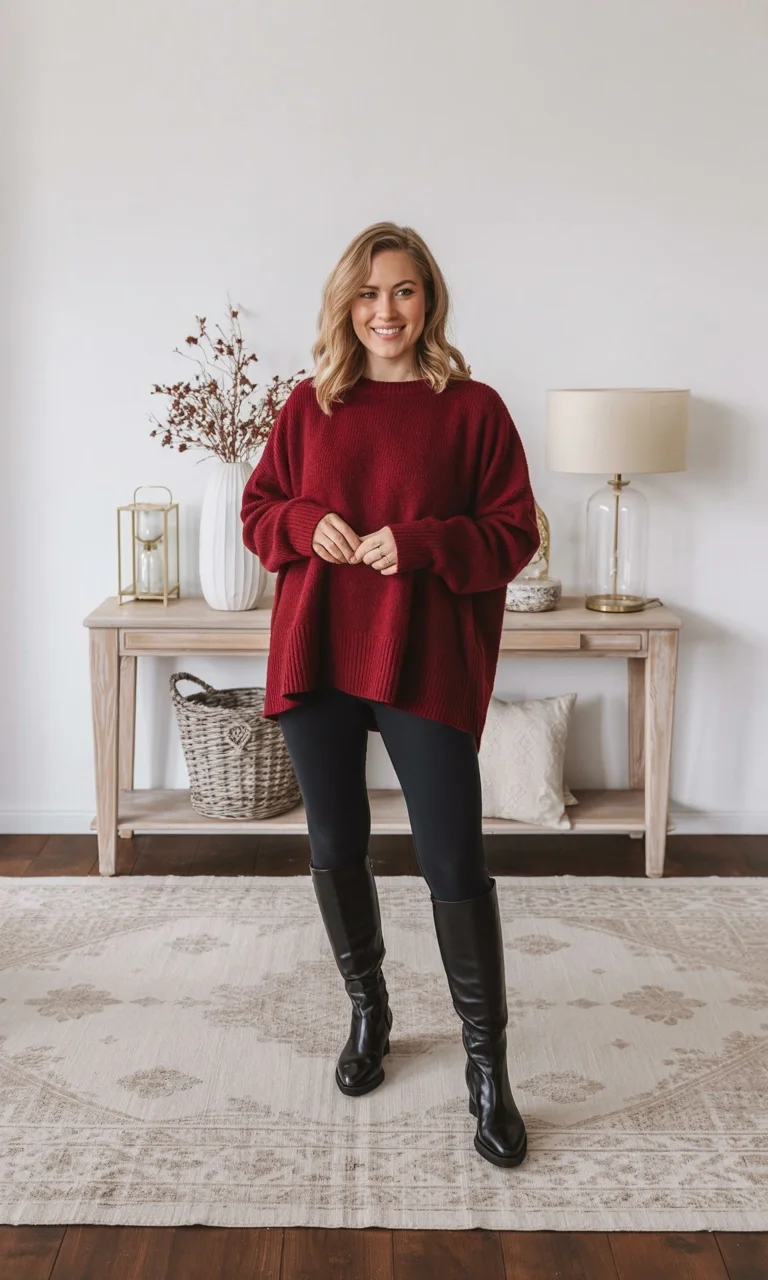 fall outfits with leggings and boots 2026 Burgundy Knitwear That Captures The Spirit Of Fall