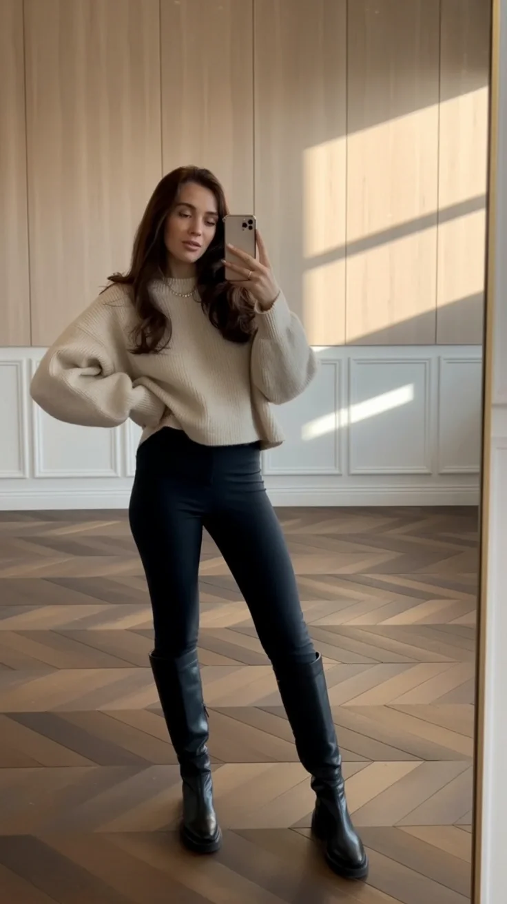 fall outfits with leggings and boots 2026 Minimal Beige And Black For Everyday Polish