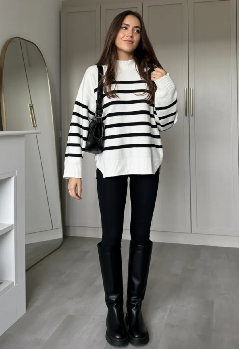 fall outfits with leggings and boots 2026 Classic Stripes And Tall Boots Never Go Out Of Style