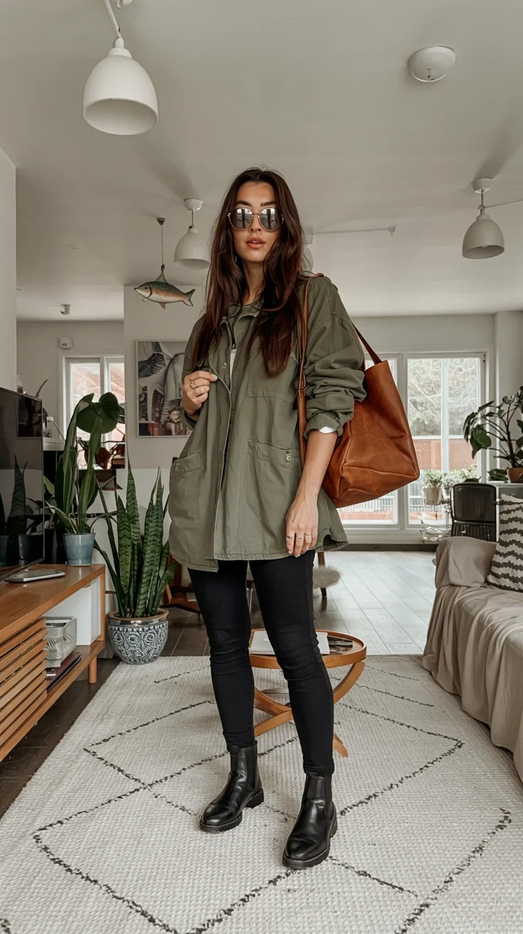 fall outfits with leggings and boots 2026 Olive Utility Layers With Modern Country Inspiration