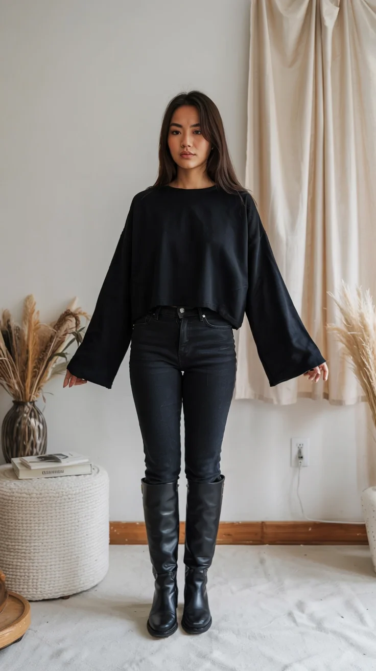 fall outfits with leggings and boots 2026 All Black Monochrome With a Long Lean Silhouette