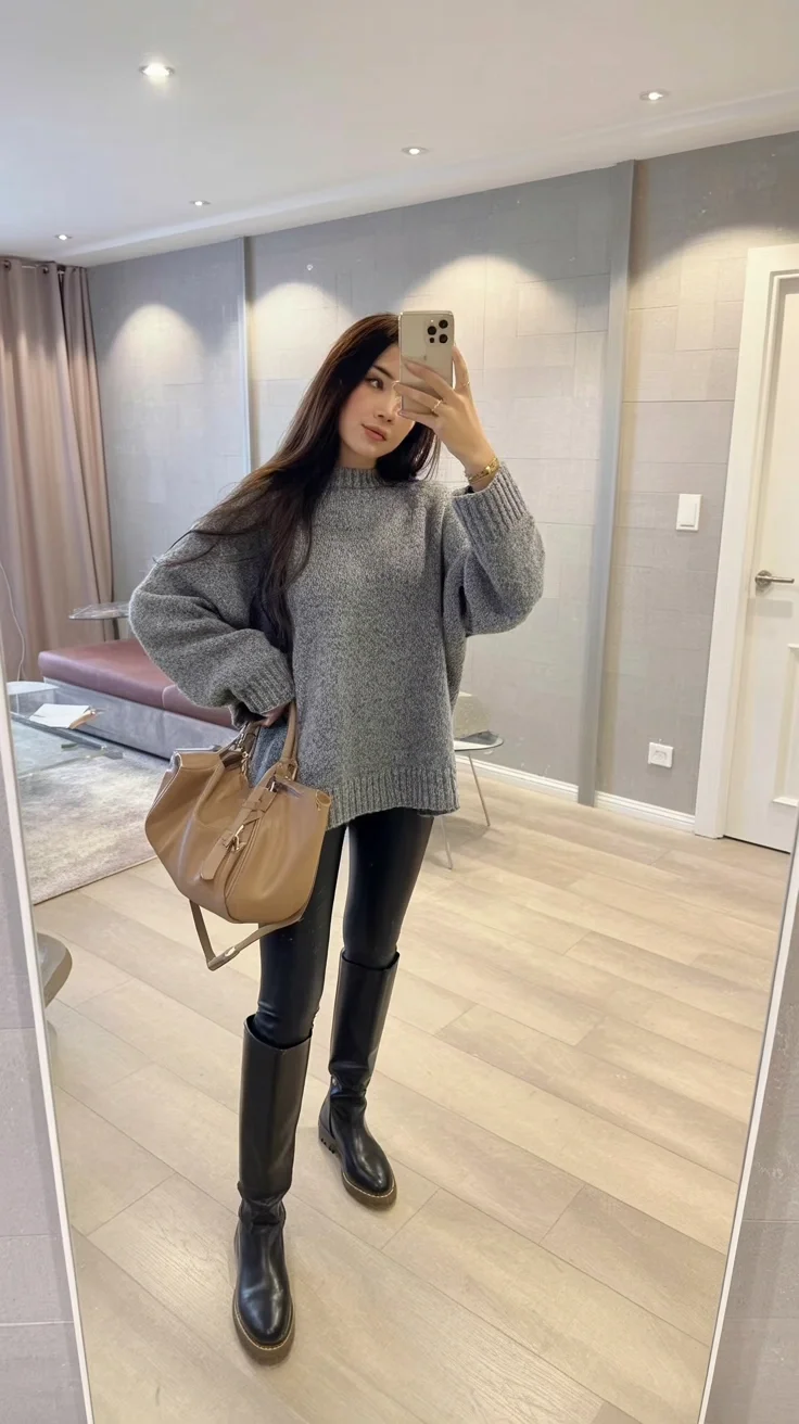 fall outfits with leggings and boots 2026 Oversized Knitwear And Leather Look Leggings