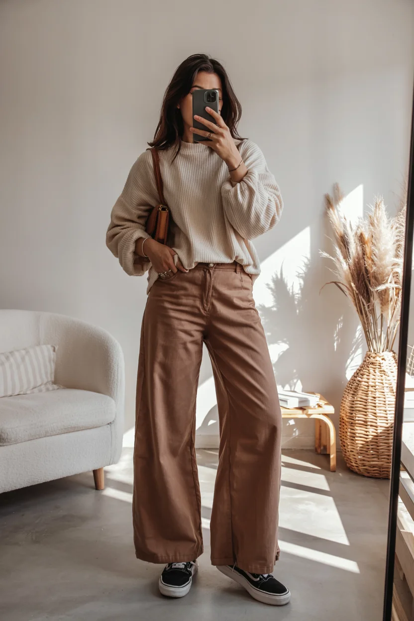 fall outfits with pants 2026 Warm caramel tones for a cozy autumn afternoon