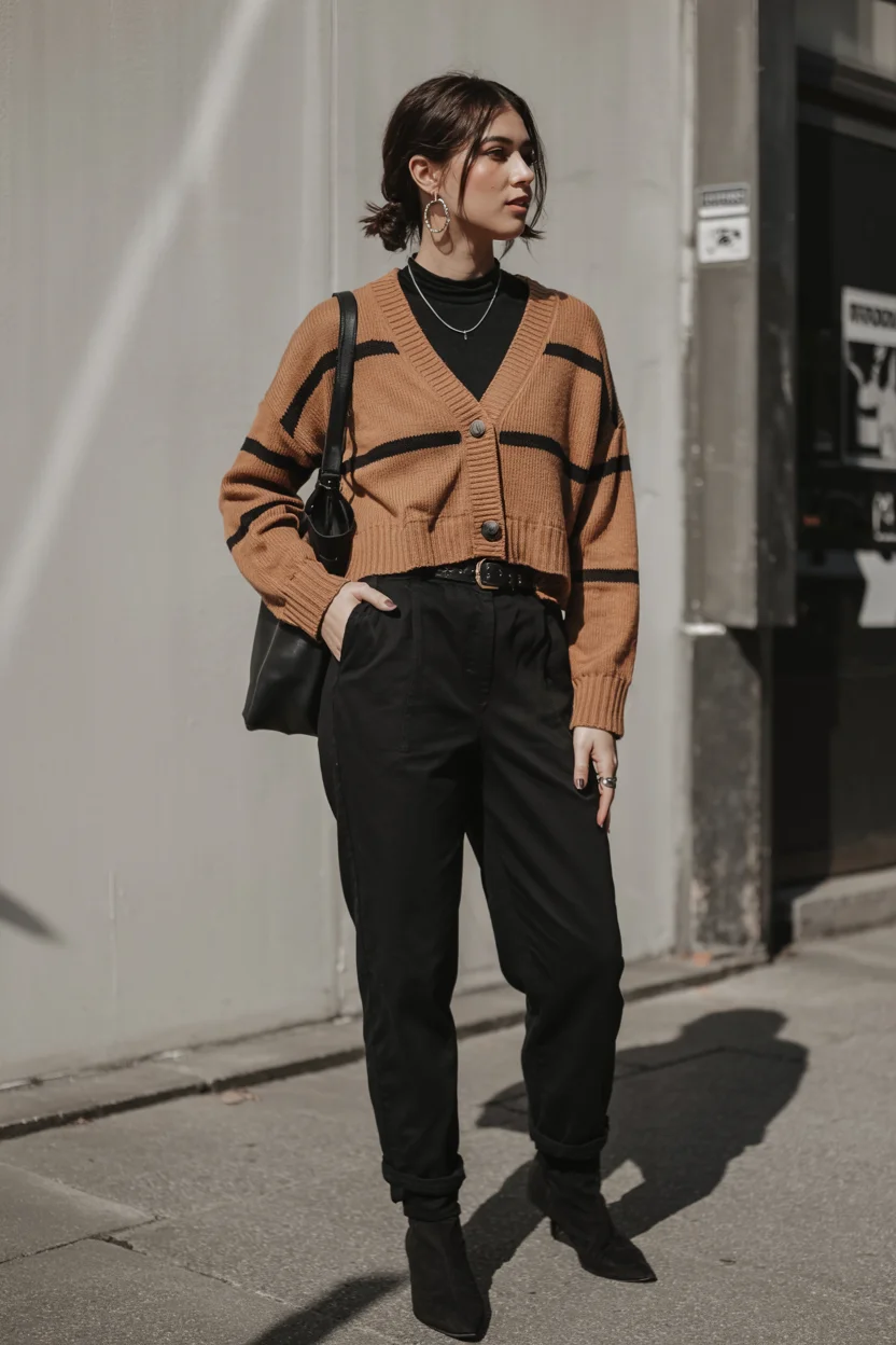 fall outfits with pants 2026 Striped cardigan and black trousers with city polish