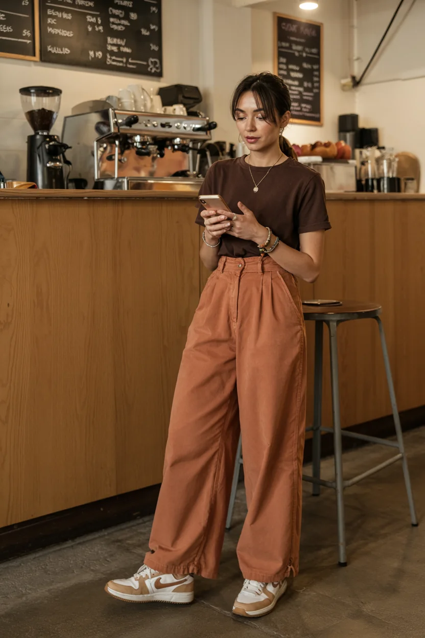 fall outfits with pants 2026 Rust-colored trousers with casual coffee shop charm