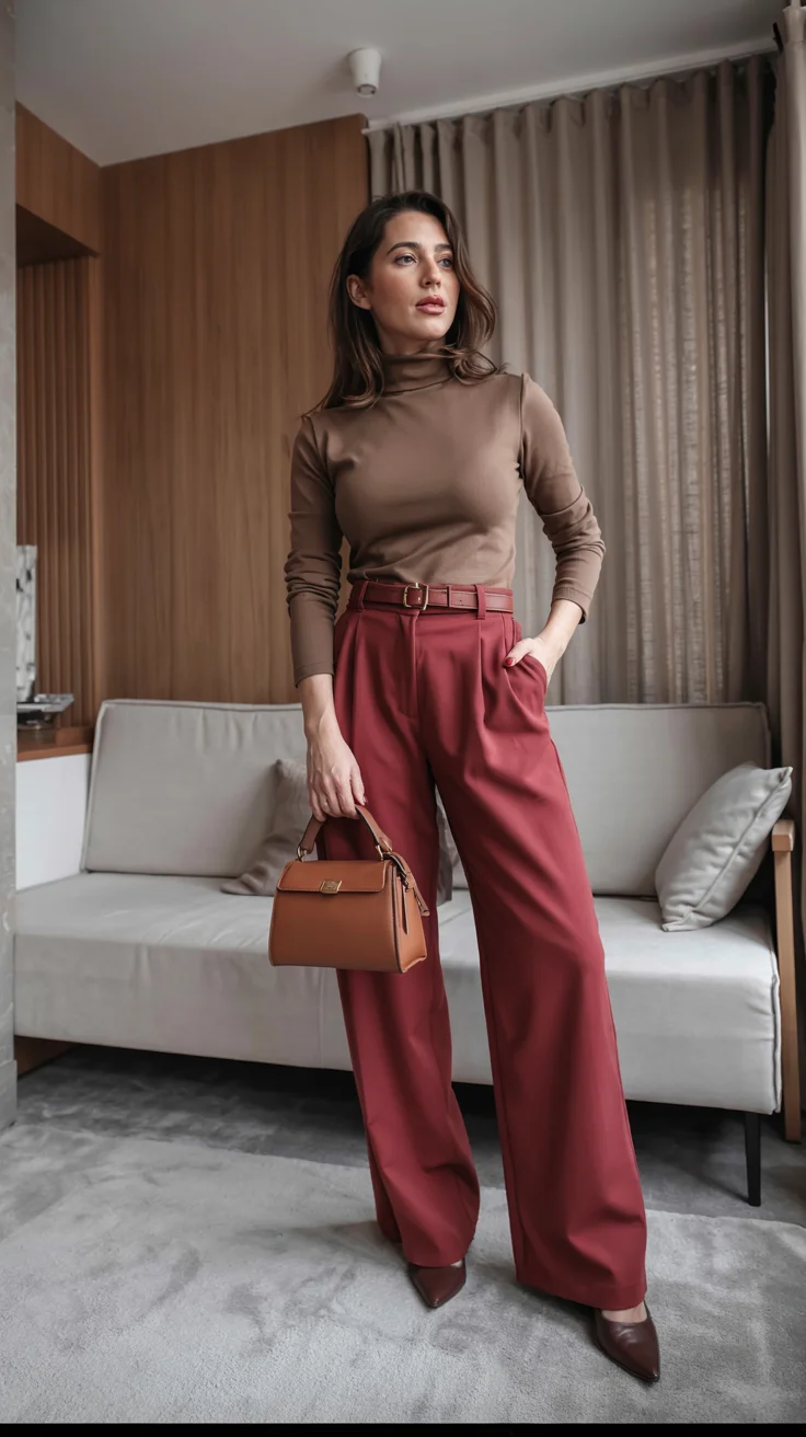 fall outfits with pants 2026 Rich burgundy trousers for an elevated autumn palette