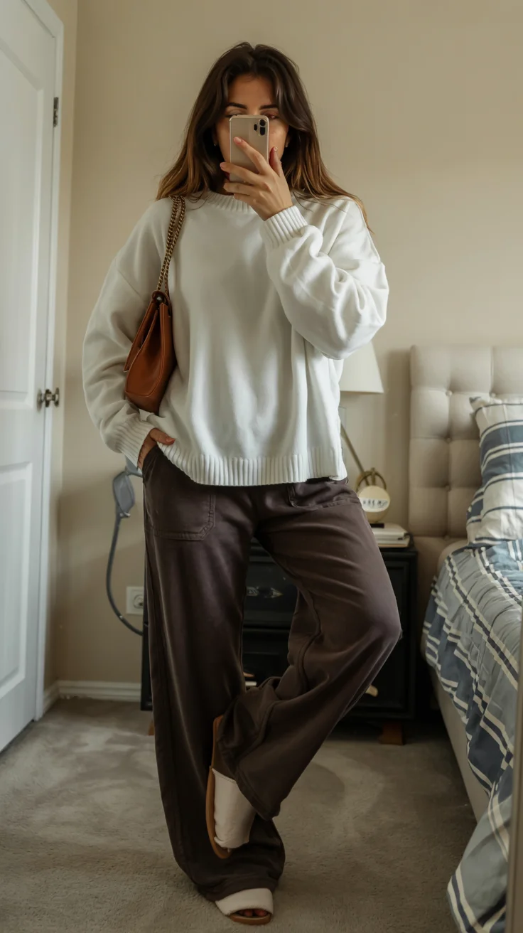 fall outfits with pants 2026 Chocolate brown pants with cozy weekend energy