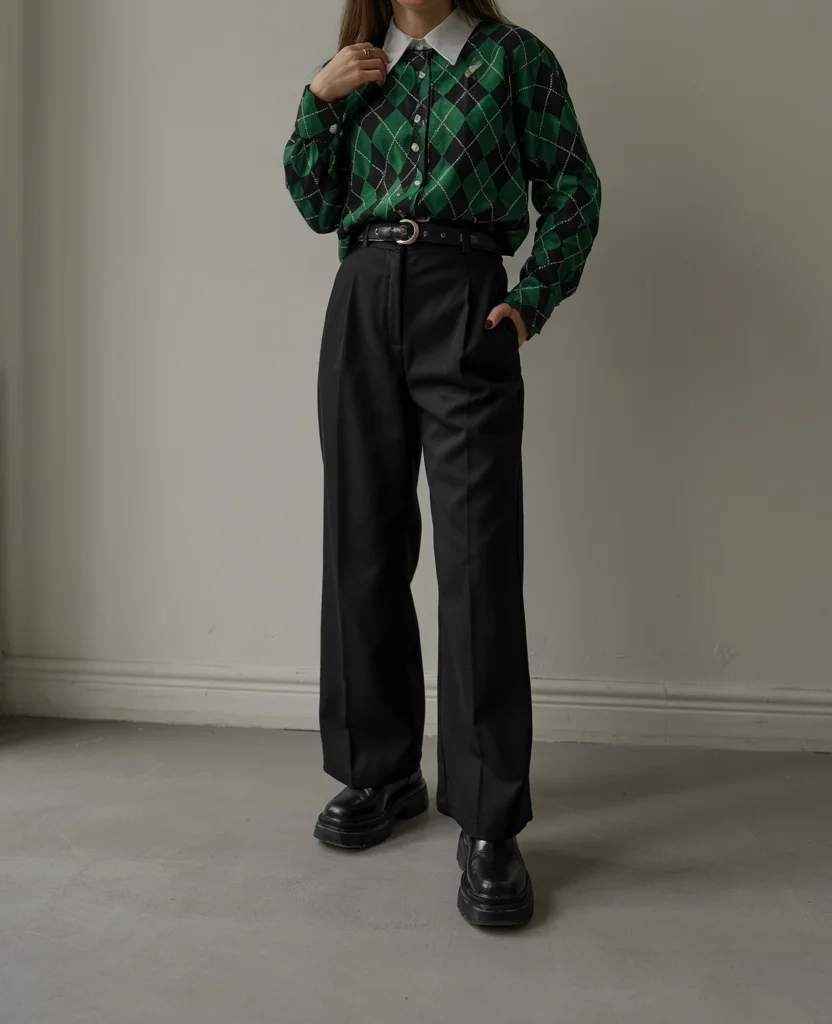 fall outfits with pants 2026 Argyle knit styling with polished black trousers